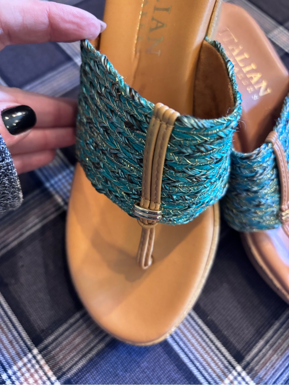 Italian Shoemakers Teal Braided Toe-Post Sandals with Tan Footbed - Picture 4 of 6